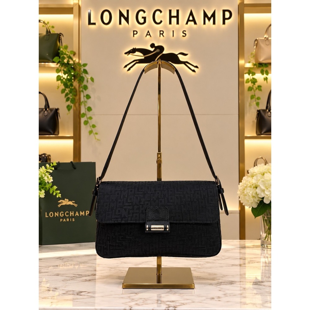 Longchamp Paris Black Monogram Jacquard Shoulder Bag Made in France Baguette